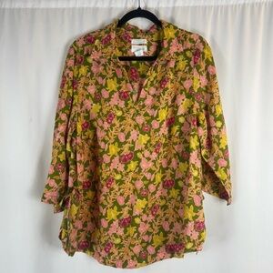 Cynthia Rowley Vibrant Floral Blouse in Pink and Yellow Size:1X 100% linen